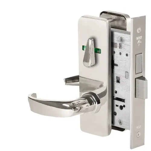 Grade 1 Privacy Mortise Lock, Visual Thumbturn Indicator, 14 Lever, J Escutcheon, Non-Keyed, Bright Stainless Steel Finish, Field Reversible Bright Stainless Steel