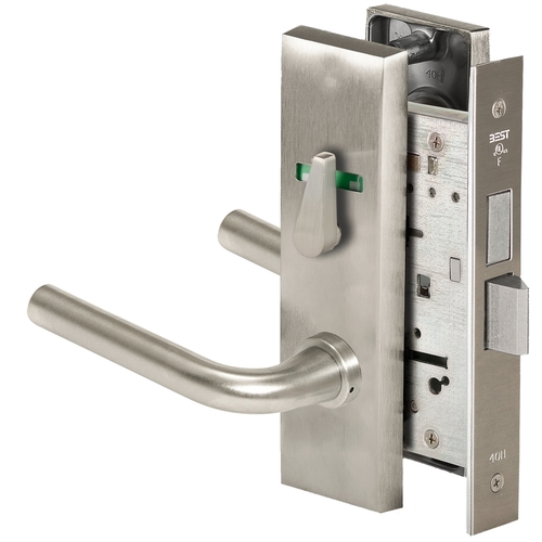 Grade 1 Dormitory Mortise Lock, Visual Thumbturn Indicator, 12 Lever, M Escutcheon, SFIC Housing Less Core, Satin Nickel Finish, Field Reversible Satin Nickel