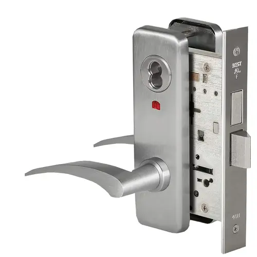 Grade 1 Intruder Mortise Lock, Visual Keyed Indicator, 17R Lever, J Escutcheon, SFIC Housing Less Core, Satin Chrome Finish, Field Reversible Satin Chrome