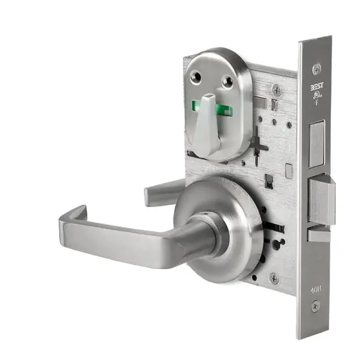 Grade 1 Dormitory Mortise Lock, Double Visual Indicator, 15 Lever, R Rose, SFIC Housing Less Core, Satin Chrome Finish, Field Reversible Satin Chrome