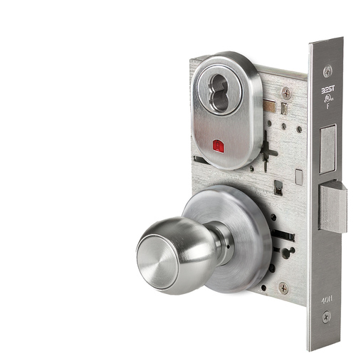 Grade 1 Classroom Mortise Lock, Visual Keyed Indicator, 4 Knob, H Rose, SFIC Housing Less Core, Satin Stainless Steel Finish, Field Reversible Satin Stainless Steel