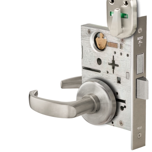 Grade 1 Privacy Mortise Lock, Visual Thumbturn Indicator, 14 Lever, H Rose, Non-Keyed, Satin Nickel Finish, Field Reversible Satin Nickel