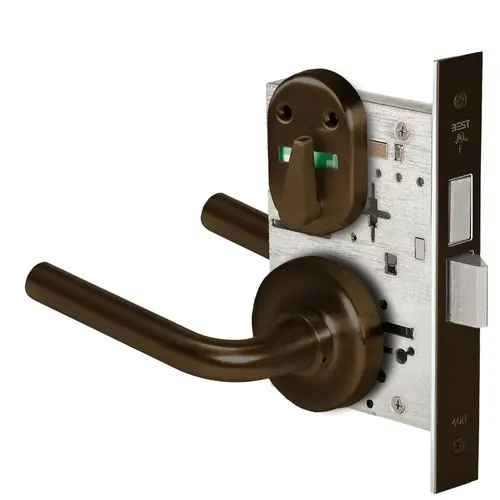 Grade 1 Dormitory Mortise Lock, Double Visual Indicator, 12 Lever, R Rose, SFIC Housing Less Core, Dark Bronze Finish, Field Reversible Dark Bronze