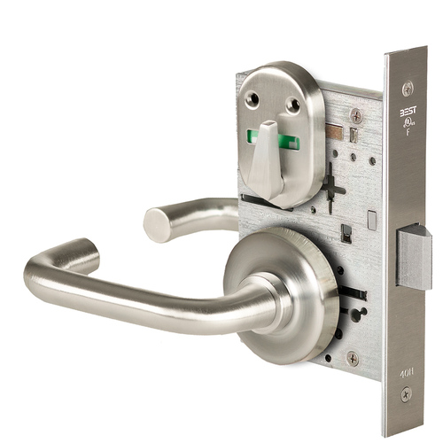 Grade 1 Privacy Mortise Lock, Visual Thumbturn Indicator, 3 Lever, R Rose, Non-Keyed, Satin Nickel Finish, Field Reversible Satin Nickel