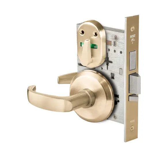 Grade 1 Dormitory Mortise Lock, Visual Thumbturn Indicator, 14 Lever, S Rose, SFIC Housing Less Core, Satin Brass Finish, Field Reversible Satin Brass