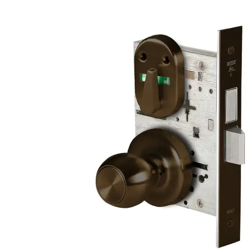 Grade 1 Dormitory Mortise Lock, Visual Thumbturn Indicator, 4 Knob, R Rose, SFIC Housing Less Core, Dark Bronze Finish, Field Reversible Dark Bronze