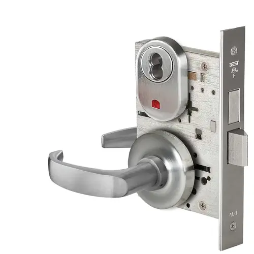 Grade 1 Entrance Mortise Lock, Visual Keyed Indicator, 14 Lever, R Rose, SFIC Housing Less Core, Satin Chrome Finish, Field Reversible Satin Chrome