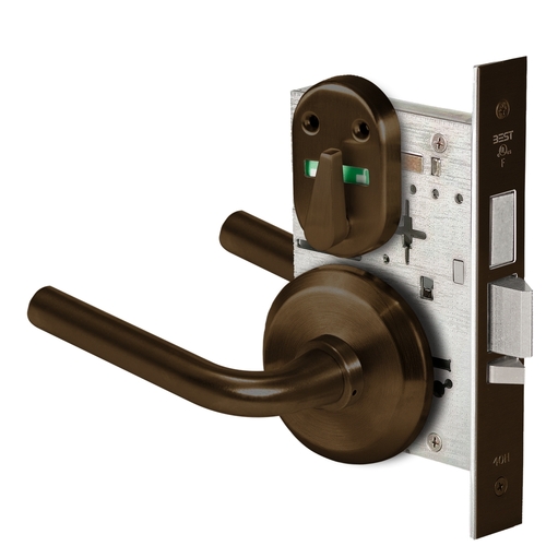 Grade 1 Dormitory Mortise Lock, Visual Thumbturn Indicator, 12 Lever, S Rose, SFIC Housing Less Core, Dark Bronze Finish, Field Reversible Dark Bronze