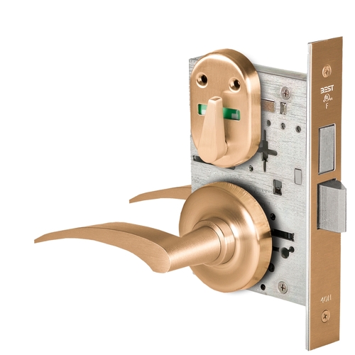 Grade 1 Dormitory Mortise Lock, Visual Thumbturn Indicator, 17R Lever, R Rose, SFIC Housing Less Core, Satin Bronze Finish, Field Reversible Satin Bronze