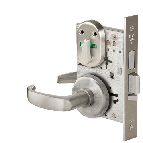 Grade 1 Dormitory Mortise Lock, Visual Thumbturn Indicator, 14 Lever, H Rose, SFIC Housing Less Core, Satin Nickel Finish, Field Reversible Satin Nickel