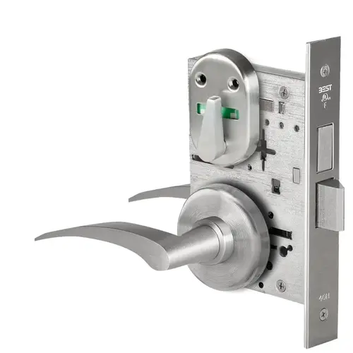 Grade 1 Privacy Mortise Lock, Double Visual Indicator, 17R Lever, H Rose, Non-Keyed, Satin Stainless Steel Finish, Field Reversible Satin Stainless Steel