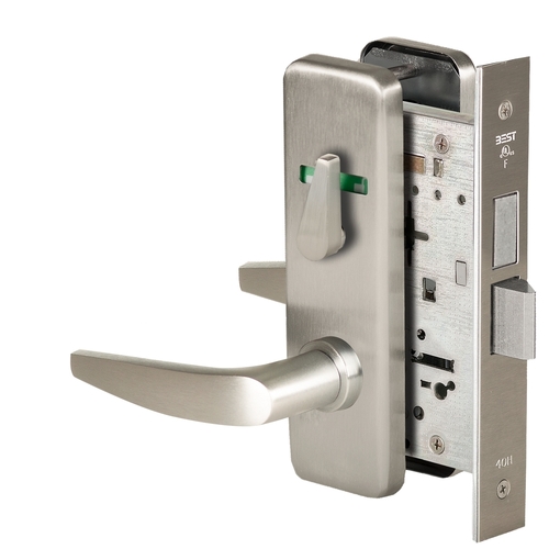 Grade 1 Privacy Mortise Lock, Double Visual Indicator, 16 Lever, J Escutcheon, Non-Keyed, Satin Nickel Finish, Field Reversible Satin Nickel