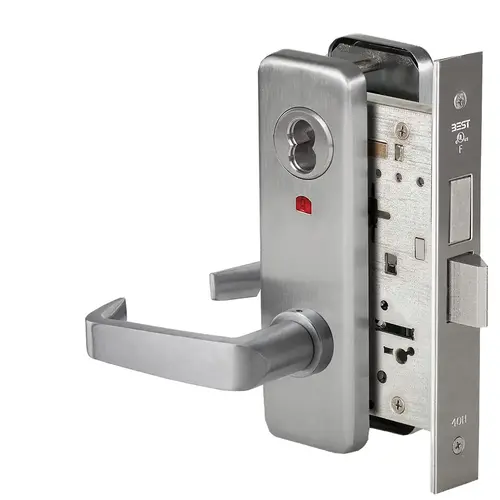 Grade 1 Entrance Mortise Lock, Visual Keyed Indicator, 15 Lever, J Escutcheon, SFIC Housing Less Core, Satin Stainless Steel Finish, Field Reversible Satin Stainless Steel