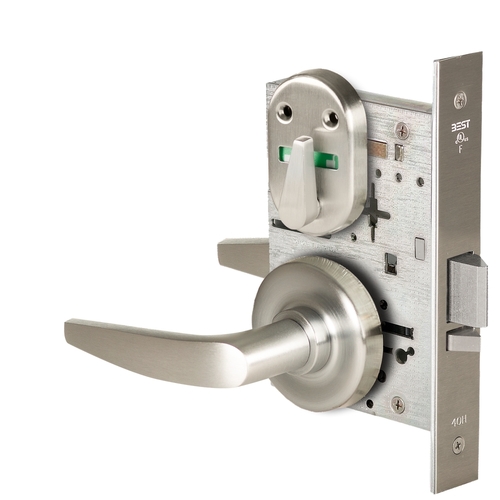 Grade 1 Office Mortise Lock, Double Visual Indicator, 16 Lever, R Rose, SFIC Housing Less Core, Satin Nickel Finish, Field Reversible Satin Nickel