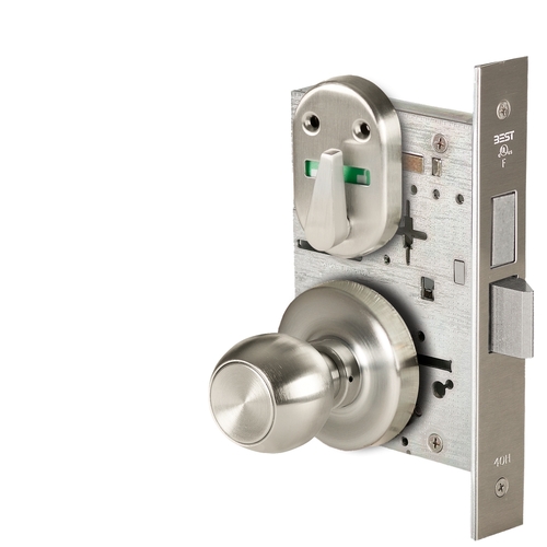 Grade 1 Dormitory Mortise Lock, Double Visual Indicator, 4 Knob, R Rose, SFIC Housing Less Core, Satin Nickel Finish, Field Reversible Satin Nickel