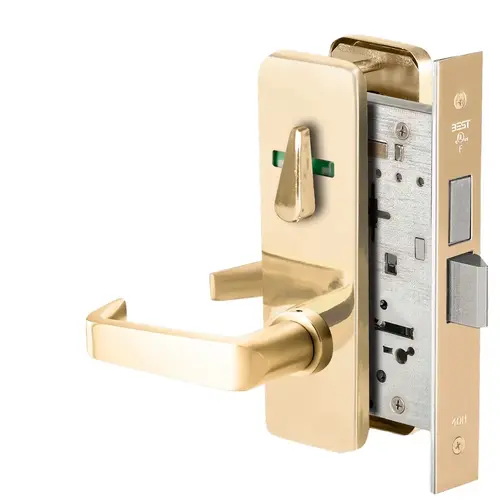 Grade 1 Dormitory Mortise Lock, Visual Thumbturn Indicator, 15 Lever, J Escutcheon, SFIC Housing Less Core, Bright Brass Finish, Field Reversible Bright Brass