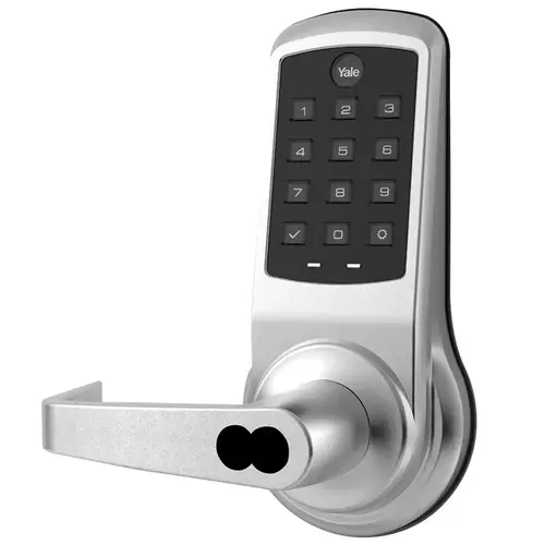 NexTouch Pushbutton Keypad Bored Lock, Augusta Lever, No Radio - Standalone, SFIC - Best Prep, Less Core, Grade 1, Weather Resistant, Satin Chrome 626/US26D