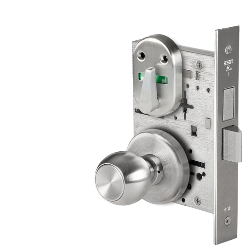 Grade 1 Dormitory Mortise Lock, Visual Thumbturn Indicator, 4 Knob, H Rose, SFIC Housing Less Core, Satin Stainless Steel Finish, Field Reversible Satin Stainless Steel