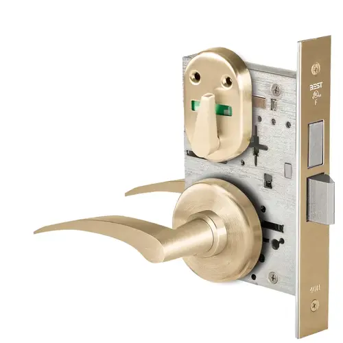 Grade 1 Privacy Mortise Lock, Double Visual Indicator, 17R Lever, H Rose, Non-Keyed, Satin Brass Finish, Field Reversible Satin Brass