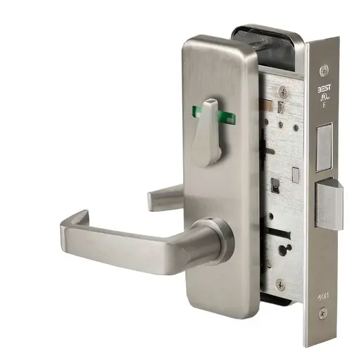 Grade 1 Privacy Mortise Lock, Double Visual Indicator, 15 Lever, J Escutcheon, Non-Keyed, Satin Nickel Finish, Field Reversible Satin Nickel