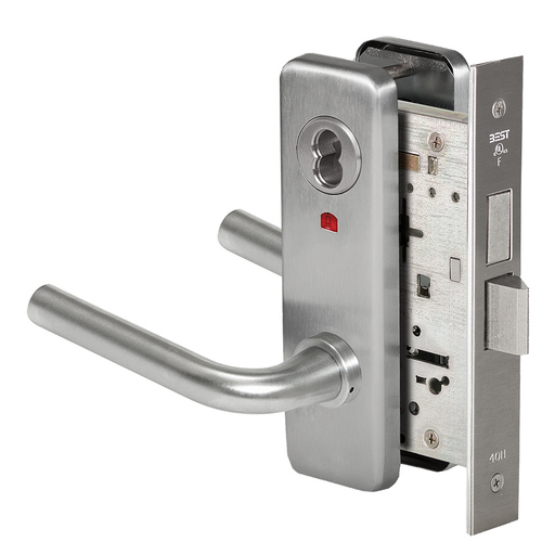 Grade 1 Intruder Mortise Lock, Visual Keyed Indicator, 12 Lever, J Escutcheon, SFIC Housing Less Core, Satin Stainless Steel Finish, Field Reversible Satin Stainless Steel