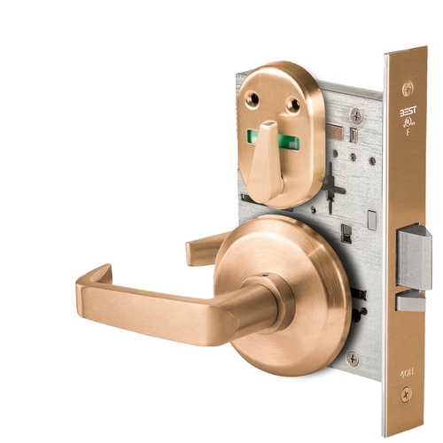 Grade 1 Office Mortise Lock, Visual Thumbturn Indicator, 15 Lever, S Rose, SFIC Housing Less Core, Satin Bronze Finish, Field Reversible Satin Bronze