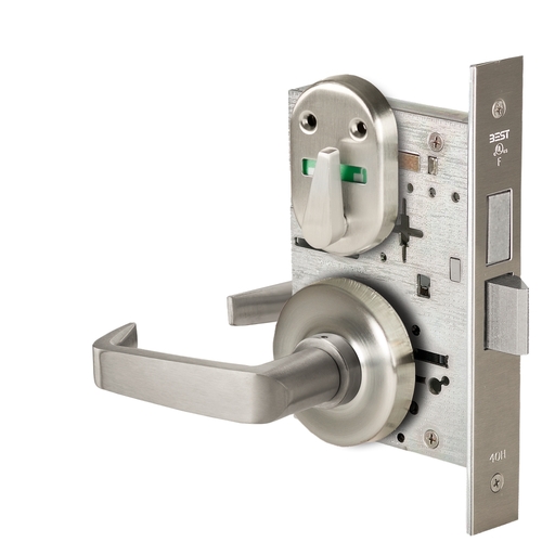 Grade 1 Privacy Mortise Lock, Double Visual Indicator, 15 Lever, R Rose, Non-Keyed, Satin Nickel Finish, Field Reversible Satin Nickel