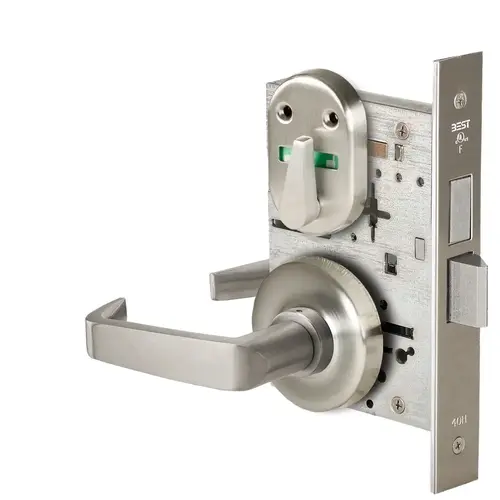 Grade 1 Privacy Mortise Lock, Visual Thumbturn Indicator, 15 Lever, R Rose, Non-Keyed, Satin Nickel Finish, Field Reversible Satin Nickel