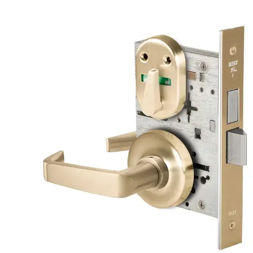 Grade 1 Dormitory Mortise Lock, Visual Thumbturn Indicator, 15 Lever, R Rose, SFIC Housing Less Core, Satin Brass Finish, Field Reversible Satin Brass