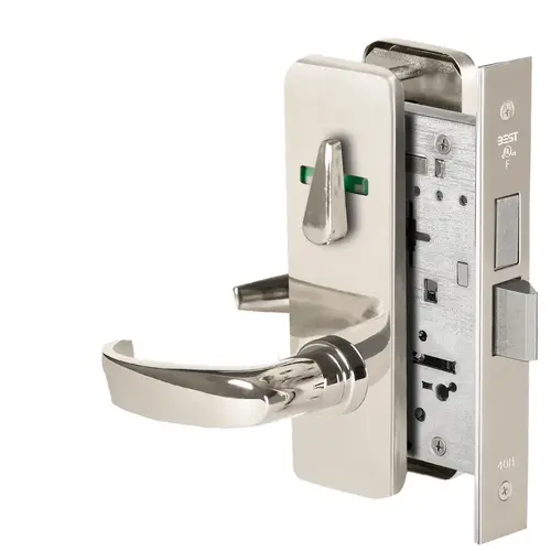 Grade 1 Dormitory Mortise Lock, Visual Thumbturn Indicator, 14 Lever, J Escutcheon, SFIC Housing Less Core, Bright Nickel Finish, Field Reversible Bright Nickel