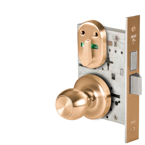 Grade 1 Dormitory Mortise Lock, Double Visual Indicator, 4 Knob, R Rose, SFIC Housing Less Core, Satin Bronze Finish, Field Reversible Satin Bronze