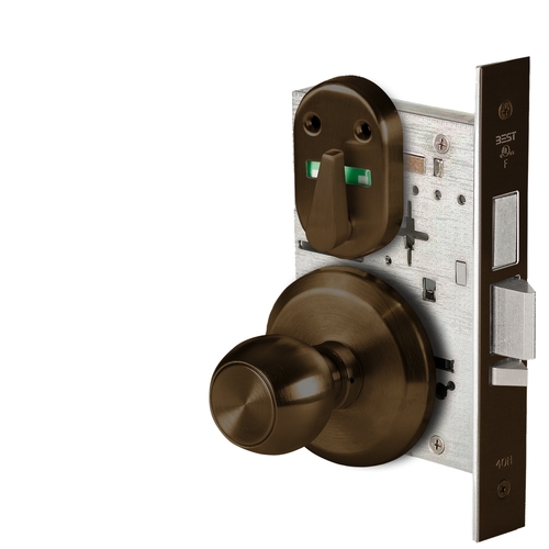 Grade 1 Dormitory Mortise Lock, Visual Thumbturn Indicator, 4 Knob, S Rose, SFIC Housing Less Core, Dark Bronze Finish, Field Reversible Dark Bronze