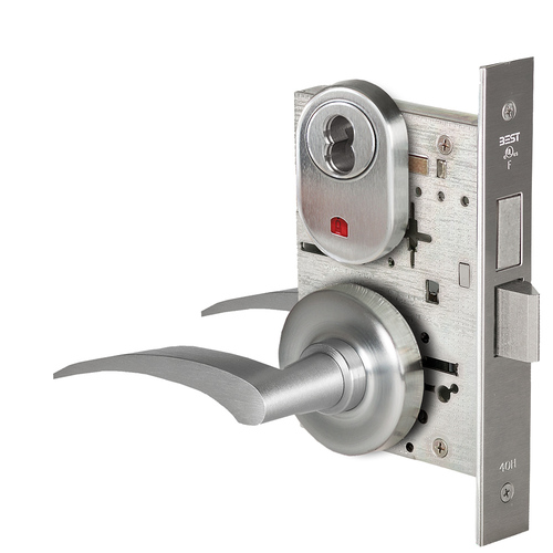 Grade 1 Dormitory Mortise Lock, Visual Keyed Indicator, 17R Lever, R Rose, SFIC Housing Less Core, Satin Chrome Finish, Field Reversible Satin Chrome