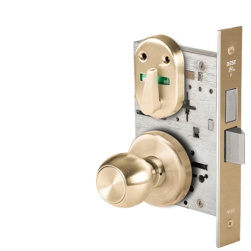 Grade 1 Privacy Mortise Lock, Double Visual Indicator, 4 Knob, H Rose, Non-Keyed, Satin Brass Finish, Field Reversible Satin Brass