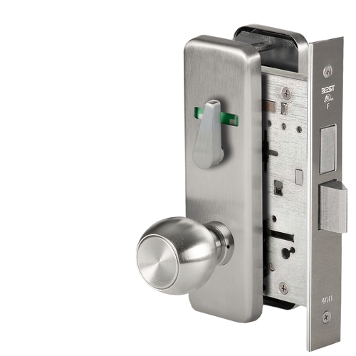 Grade 1 Dormitory Mortise Lock, Double Visual Indicator, 4 Knob, J Escutcheon, SFIC Housing Less Core, Satin Chrome Finish, Field Reversible Satin Chrome