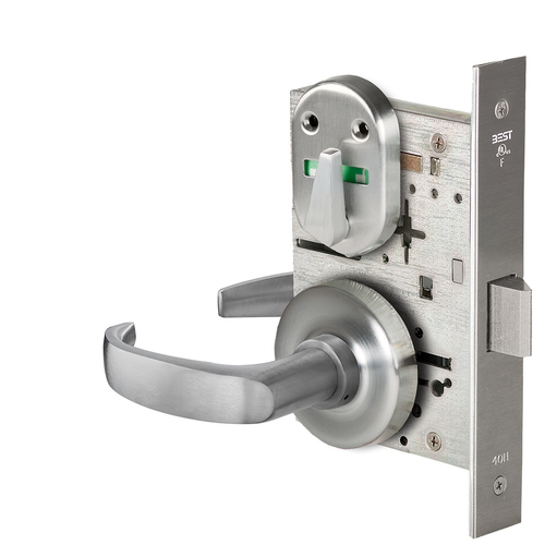 Grade 1 Privacy Mortise Lock, Visual Thumbturn Indicator, 14 Lever, R Rose, Non-Keyed, Satin Chrome Finish, Field Reversible Satin Chrome