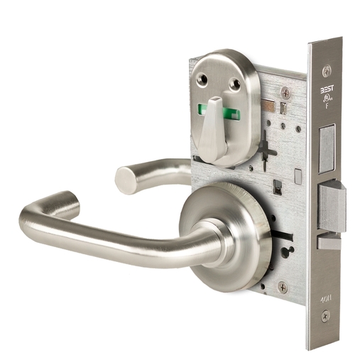 Grade 1 Dormitory Mortise Lock, Visual Thumbturn Indicator, 3 Lever, R Rose, SFIC Housing Less Core, Satin Nickel Finish, Field Reversible Satin Nickel