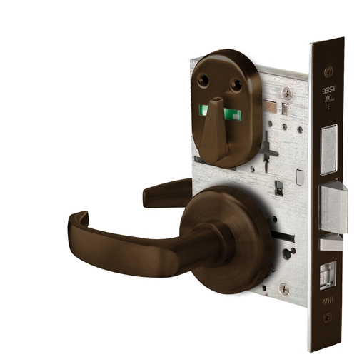 Grade 1 Office Mortise Lock, Visual Thumbturn Indicator, 14 Lever, H Rose, SFIC Housing Less Core, Dark Bronze Finish, Field Reversible Dark Bronze