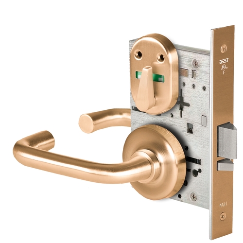 Grade 1 Office Mortise Lock, Visual Thumbturn Indicator, 3 Lever, R Rose, SFIC Housing Less Core, Satin Bronze Finish, Field Reversible Satin Bronze