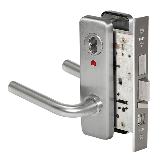 Grade 1 Office Mortise Lock, Visual Keyed Indicator, 12 Lever, J Escutcheon, SFIC Housing Less Core, Satin Stainless Steel Finish, Field Reversible Satin Stainless Steel