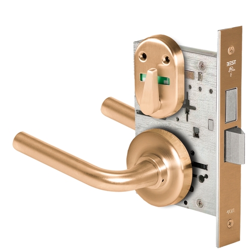 Grade 1 Dormitory Mortise Lock, Double Visual Indicator, 12 Lever, R Rose, SFIC Housing Less Core, Satin Bronze Finish, Field Reversible Satin Bronze