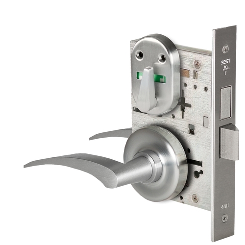 Grade 1 Dormitory Mortise Lock, Double Visual Indicator, 17R Lever, R Rose, SFIC Housing Less Core, Satin Chrome Finish, Field Reversible Satin Chrome