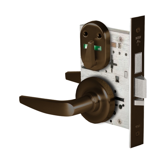 Grade 1 Dormitory Mortise Lock, Visual Thumbturn Indicator, 16 Lever, R Rose, SFIC Housing Less Core, Dark Bronze Finish, Field Reversible Dark Bronze