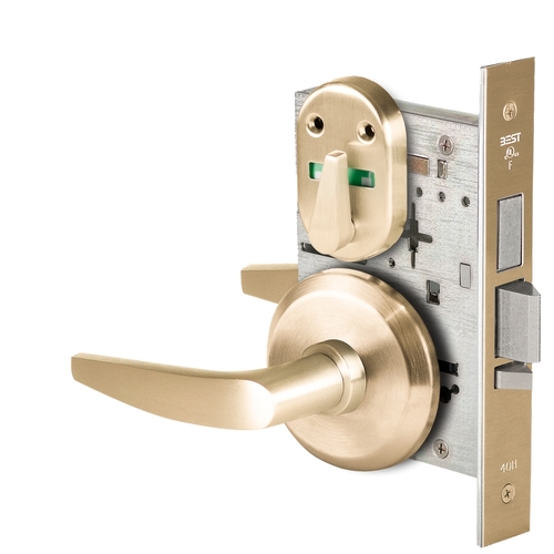 Grade 1 Dormitory Mortise Lock, Visual Thumbturn Indicator, 16 Lever, S Rose, SFIC Housing Less Core, Satin Brass Finish, Field Reversible Satin Brass