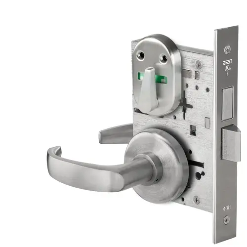 Grade 1 Privacy Mortise Lock, Visual Thumbturn Indicator, 14 Lever, H Rose, Non-Keyed, Satin Stainless Steel Finish, Field Reversible Satin Stainless Steel