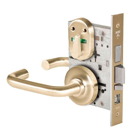 Grade 1 Office Mortise Lock, Double Visual Indicator, 3 Lever, R Rose, SFIC Housing Less Core, Satin Brass Finish, Field Reversible Satin Brass