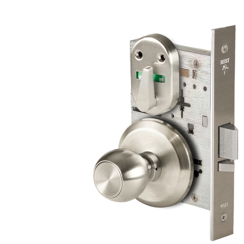 Grade 1 Office Mortise Lock, Visual Thumbturn Indicator, 4 Knob, S Rose, SFIC Housing Less Core, Satin Nickel Finish, Field Reversible Satin Nickel