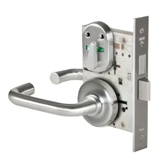 Grade 1 Dormitory Mortise Lock, Visual Thumbturn Indicator, 3 Lever, R Rose, SFIC Housing Less Core, Satin Chrome Finish, Field Reversible Satin Chrome