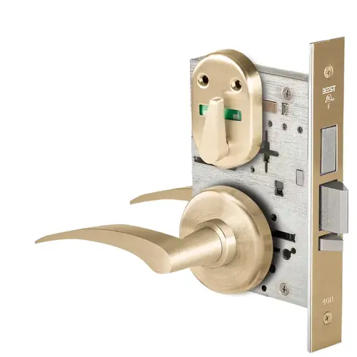 Grade 1 Dormitory Mortise Lock, Visual Thumbturn Indicator, 17L Lever, H Rose, SFIC Housing Less Core, Satin Brass Finish, Field Reversible Satin Brass