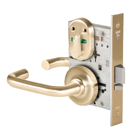 Grade 1 Office Mortise Lock, Visual Thumbturn Indicator, 3 Lever, R Rose, SFIC Housing Less Core, Satin Brass Finish, Field Reversible Satin Brass